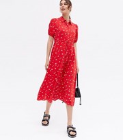 New Look Red Ditsy Floral Tie Waist Midi Shirt Dress